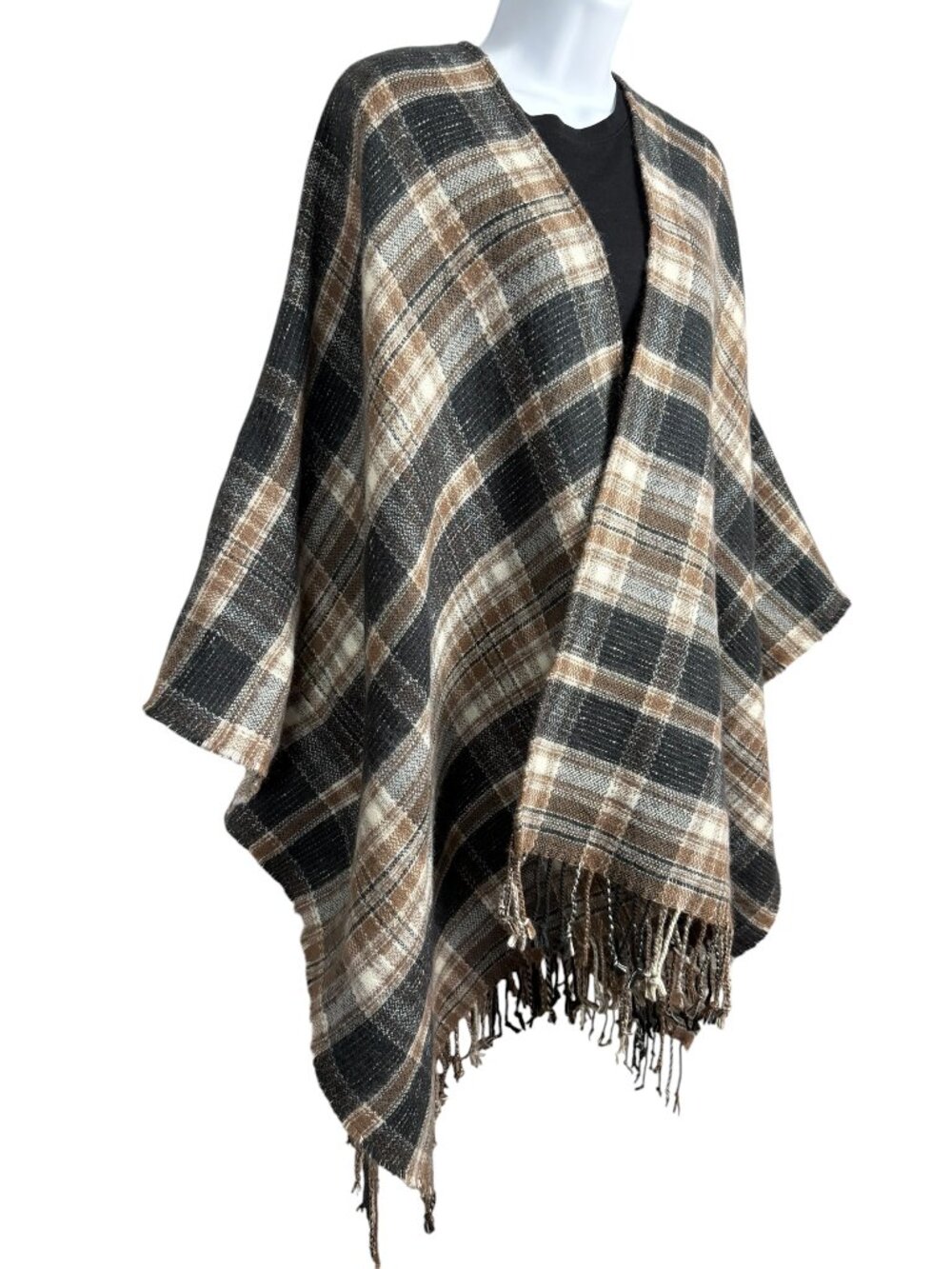 Universal Thread Plaid Fringe Ruana Poncho Cape Wrap OSFM Boho Fall Cozy